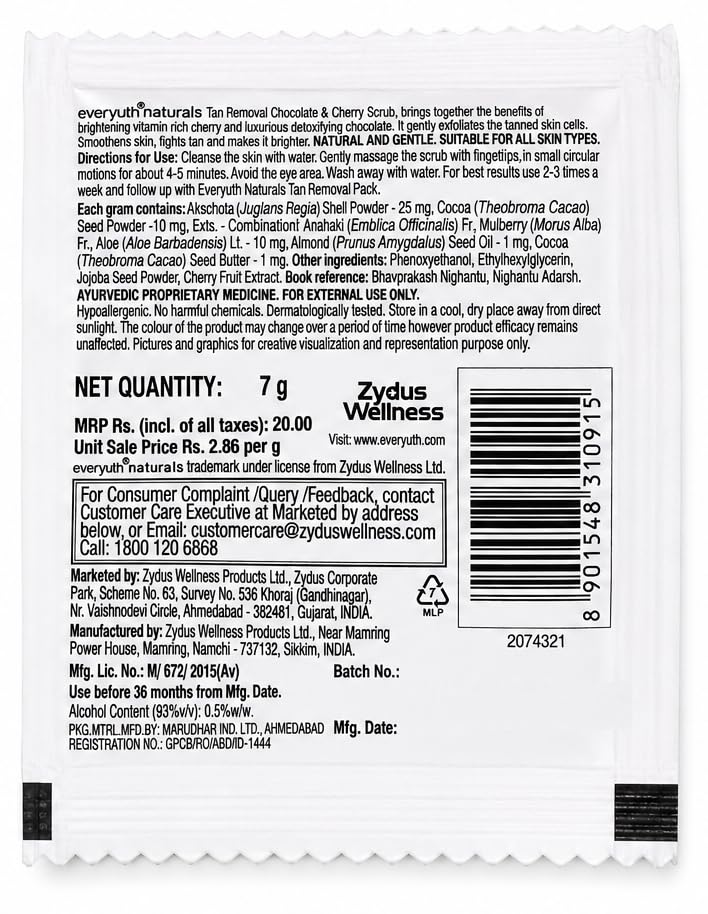 Image of Everyuth Naturals Tan Removal Chocolate & Cherry Scrub, Paraben Free, with Walnut Shell, 7g Each - Pack of 10 Pouches