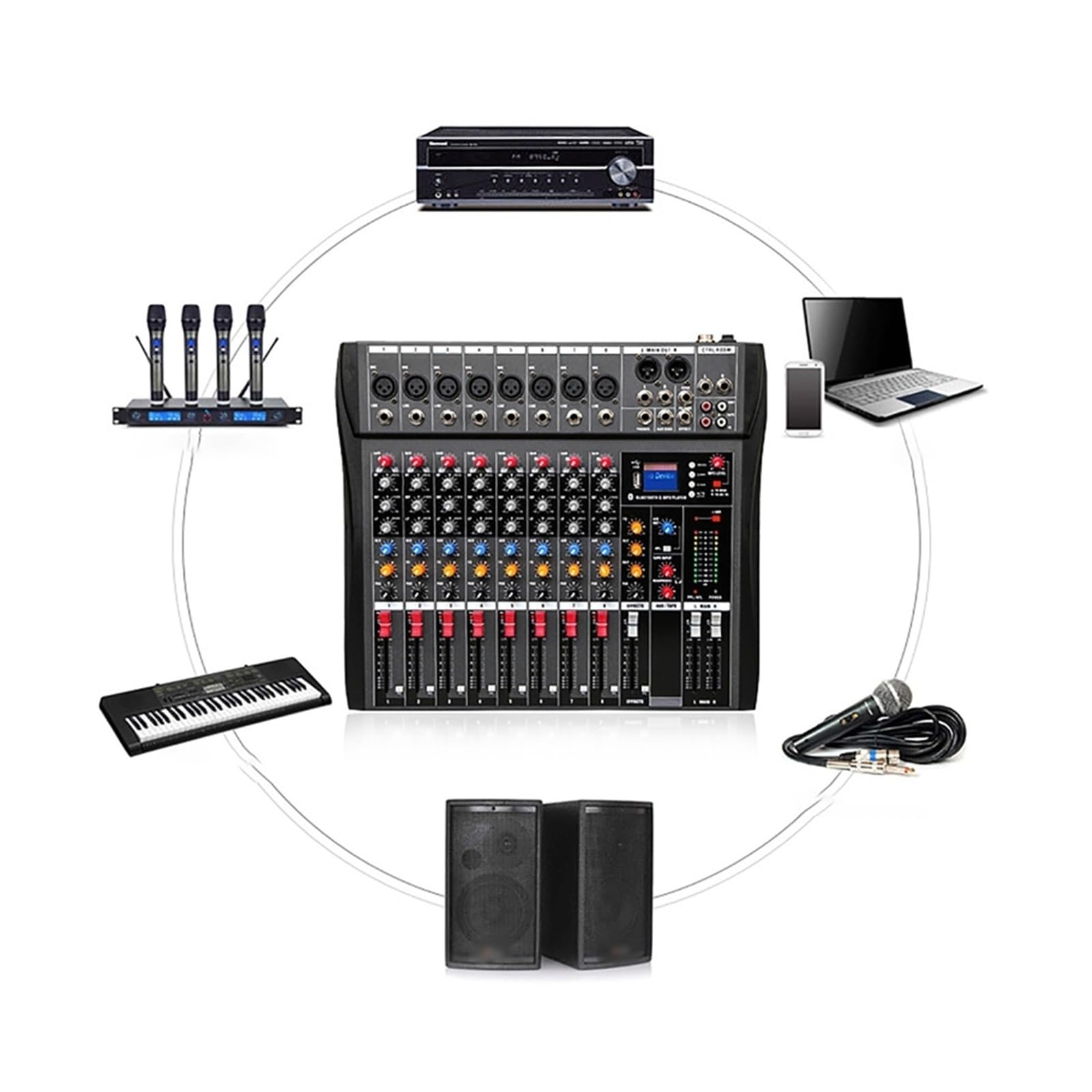 Mezclador de audio, Mezclador de sonido for DJ, controlador mesa, tarjeta interfaz, consolas digitales profesionales, equipo consola 8 canales Para karaoke en estudio