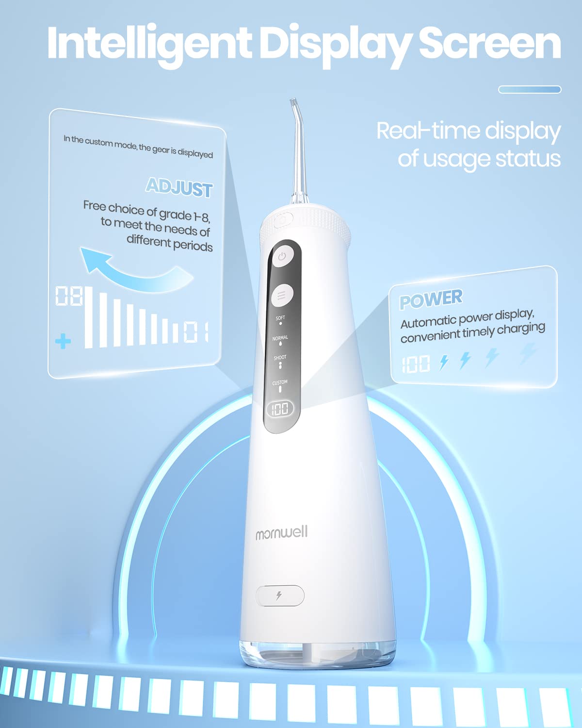 Mornwell Hydropulseur jet Dentaire, 270ml Irrigateur Oral Sans Fil Professionnel, 6 Buses, 4 Modes d’impulsion, USB Chargé pour 150 Jours D'utilisation, IPX7