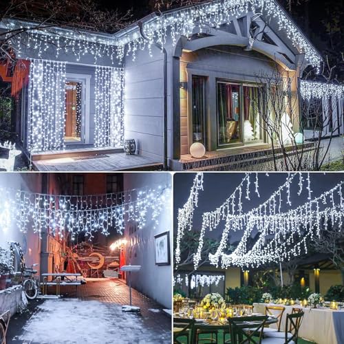 Image of MIRADH Icicle Diwali Lights Outdoor, 10ft 96 LED with 16 Drops Icicle Lights, Plug in Lights with 8 Modes Waterproof for Decoartion Light for Diwali, Christmas, Birthday, Ganesh Puja (White)