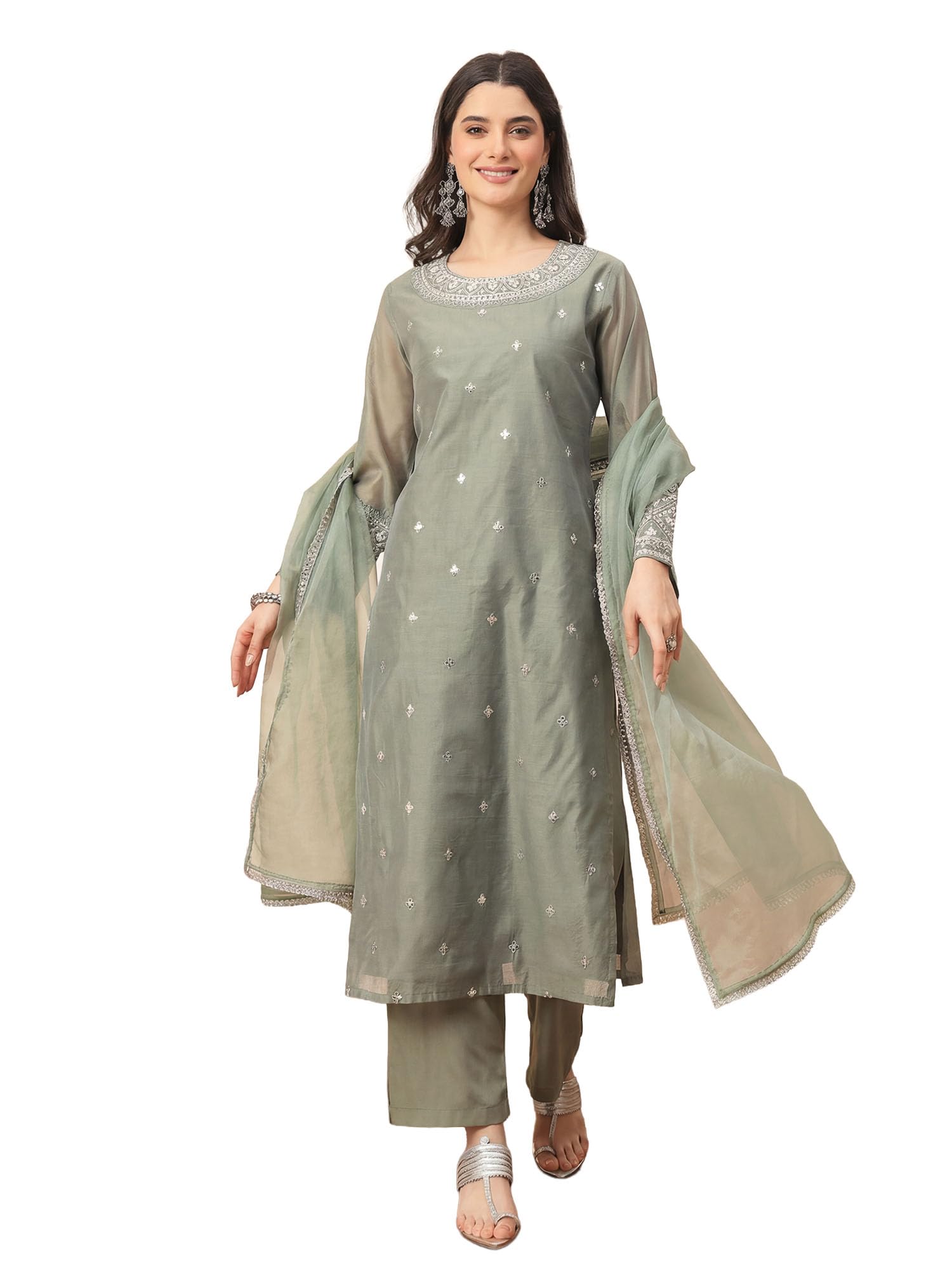 fabian fashion Women's Floral Embroidered Chanderi Cotton Silk Kurta & Crepe Pant Set And Organza Dupatta Ethnic Wear Salwar Suit Set (ES_2590)-picture-52