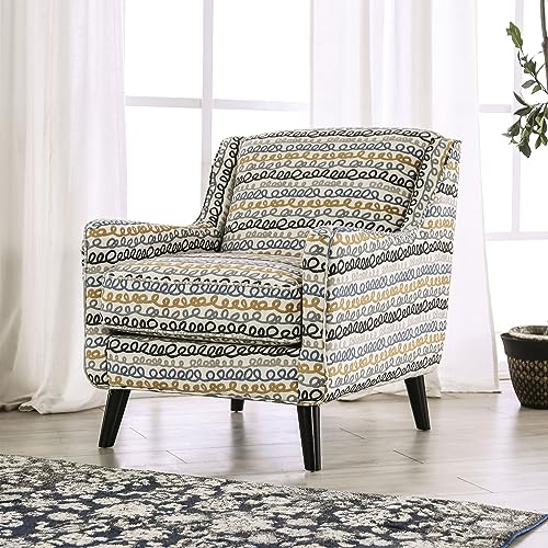 Sillón con tapizado estampado multicolor y base madera