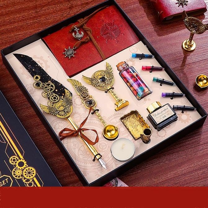 Image of PLUSPOINT Vintage Quill Pen & Ink Set Elegant Writing Luxury Fountain Calligraphy Ink Pen Set with Diary Wax for Stamp Retro Decor Dip Pen Office Stationery Corporate Gifting for Signature,Multicolor