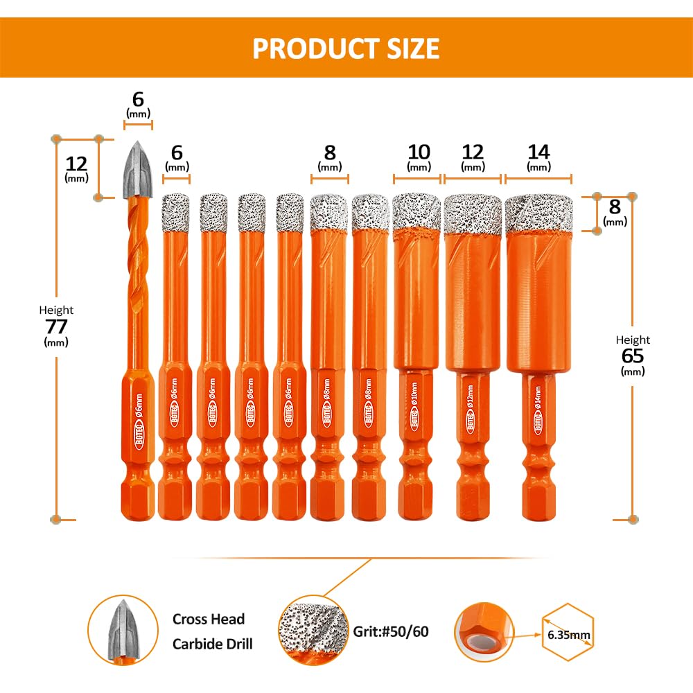 BGTEC Punte per piastrelle Punte diamantate，10 pezzi 6MM*4+8MM*2+10MM+12MM+14MM diamantate+6MM Punta in carburo per piastrelle di ceramica Gres porcellanato Marmo Granito