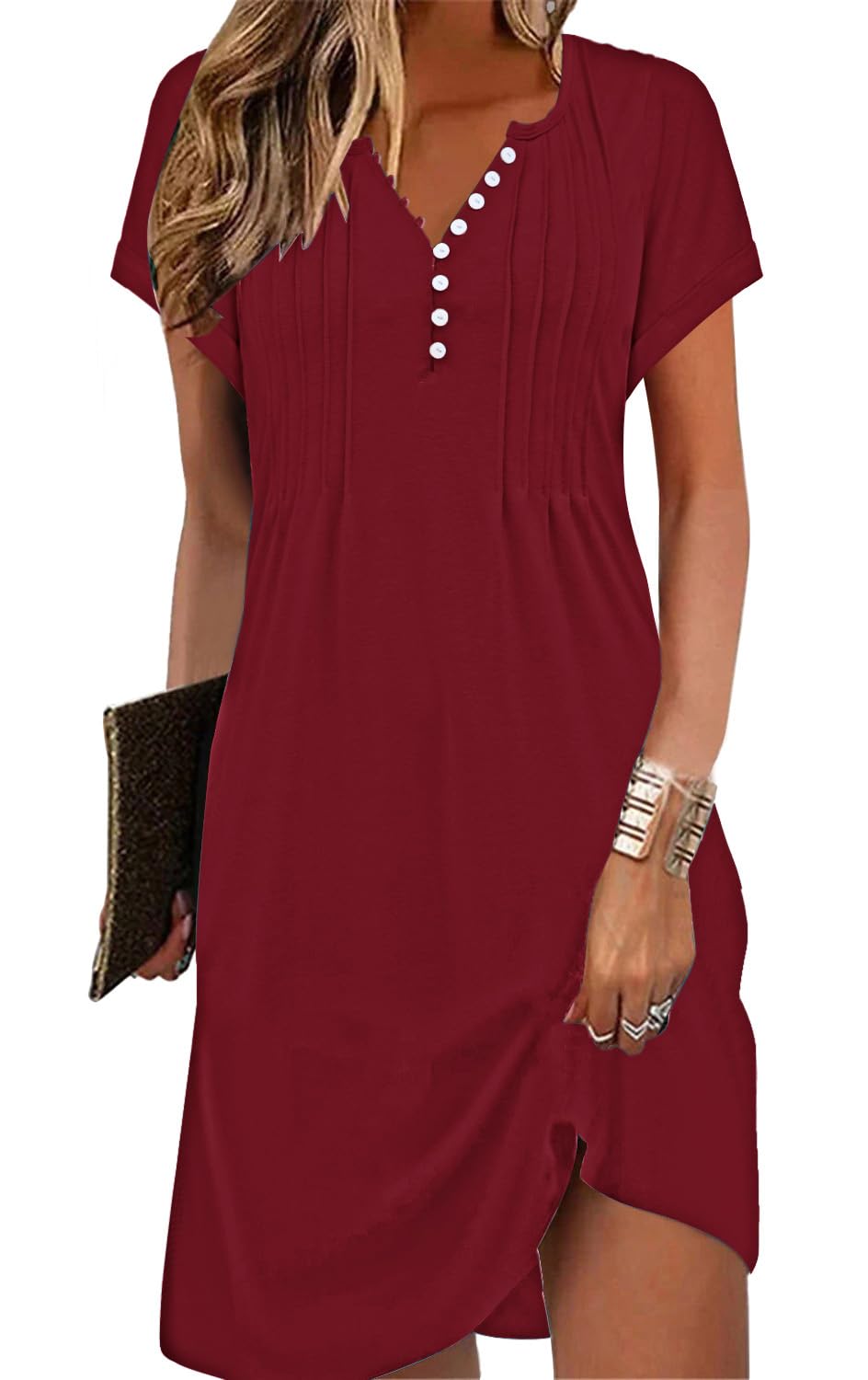 Soesdemo Short Sleeve Dress for Women Bohemian V Neck Button Down Pleated Casual Flower Womens Dresses with Pockets