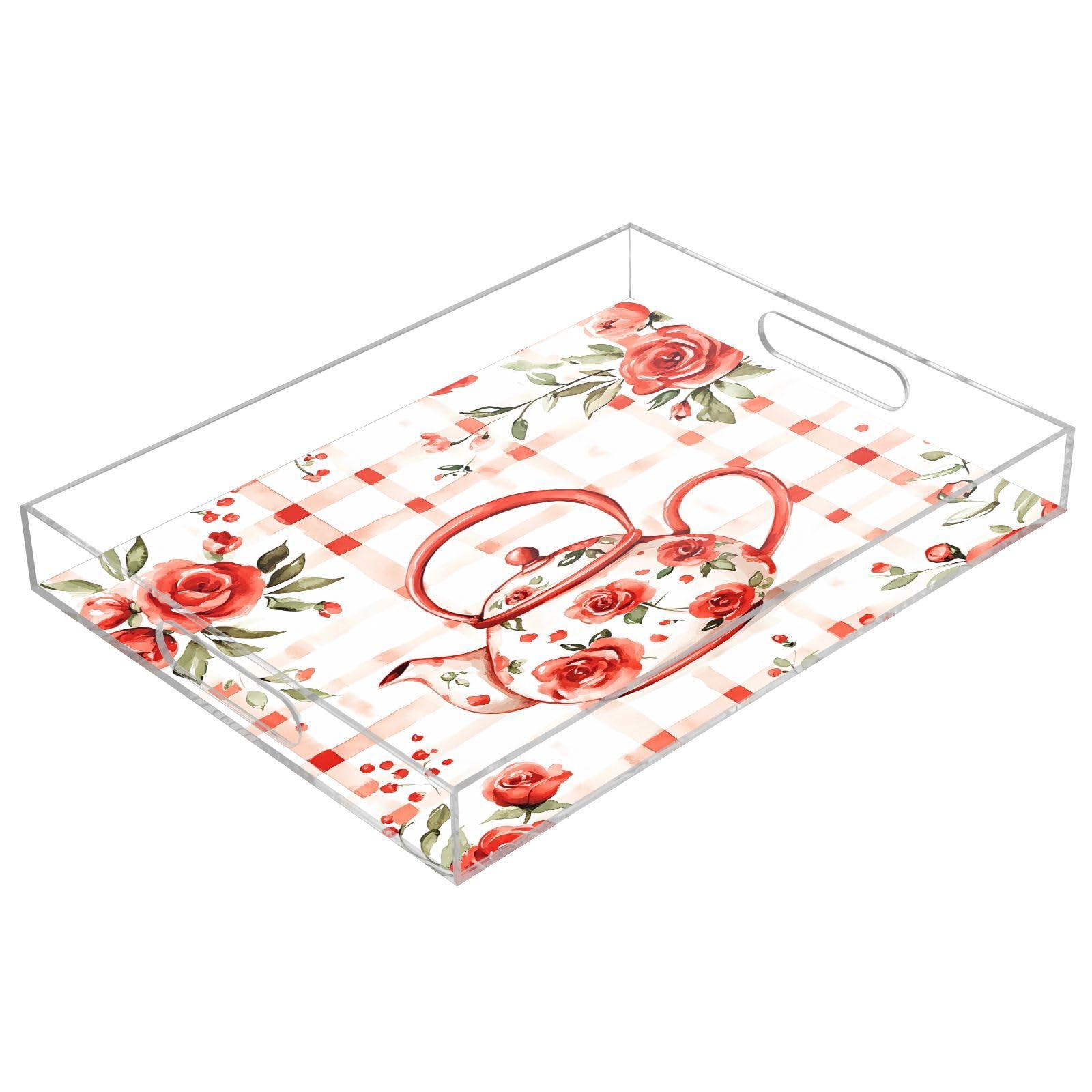 Msyxl Teapot Red Flowers Serving Tray for Coffee Table, Decorative Acrylic Tray Teapot Red Flowers Tray with with Handles for Breakfast, Ottoman, Countertop, 12x16 in