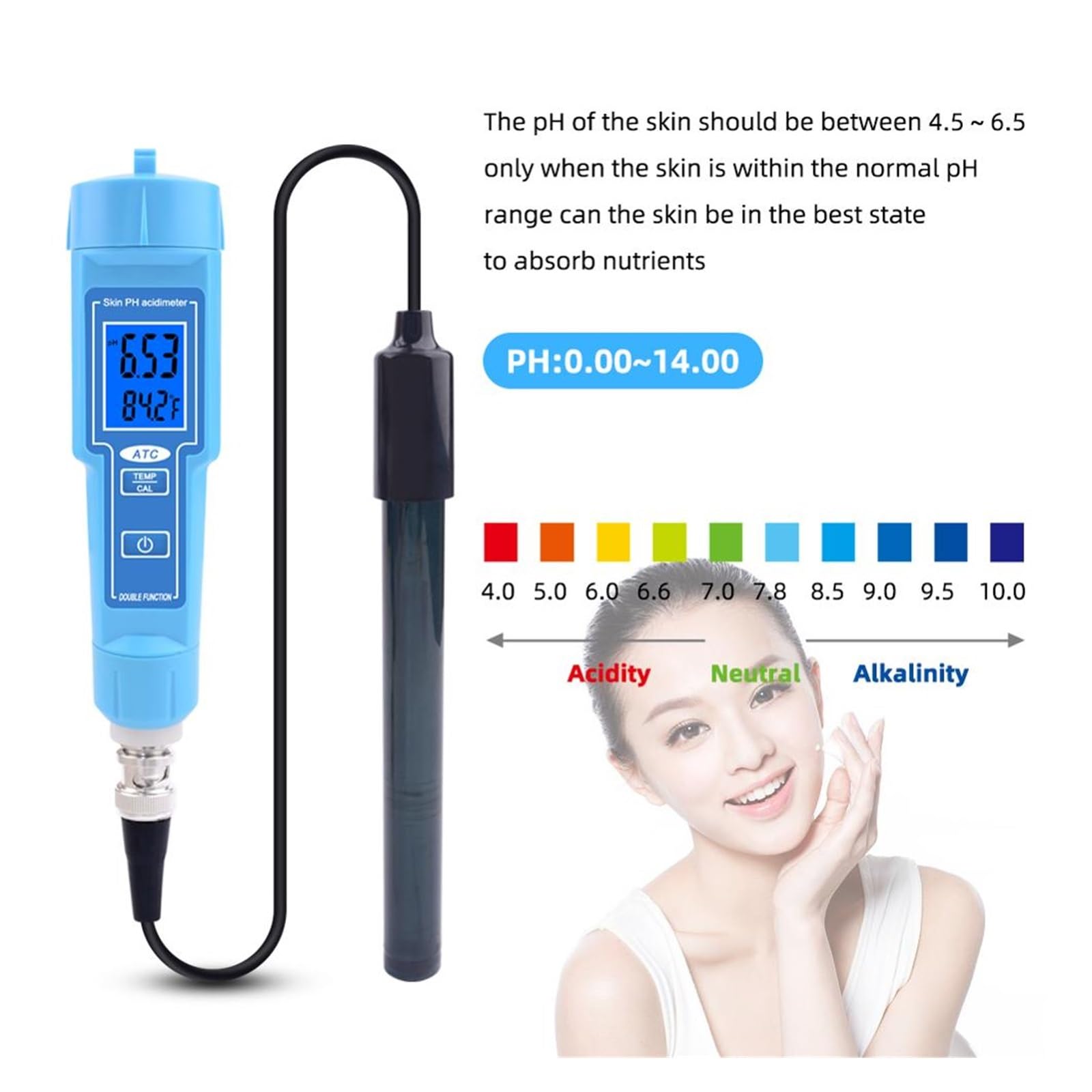 Tester miernika PH, Acdimetr pH skóry 0,00-14,00 Miernik PH ATC do basenu laboratoryjnego z owocami i mięsem skóry,Woda pitna, Hydroponika, SPA, Browarnictwo(PH-6118)