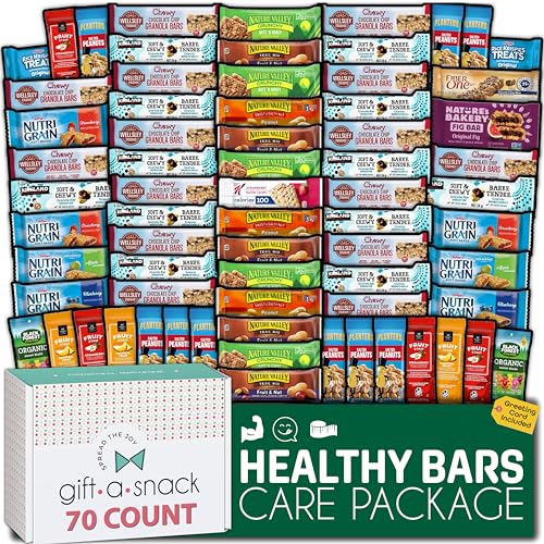 Image of Gift A Snack - Healthy Granola Breakfast Bars, Snack Box Care Package + Greeting Card (70 Count) Graduation Birthday Treats Gift Basket Nutritious Chips Office Food Assortments & Variety Gifts
