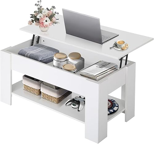 Mesa auxiliar elevable, mesa de centro blanca de almacenamiento con compartimento oculto, mesa central de mesa de madera para sala de estar, sala de