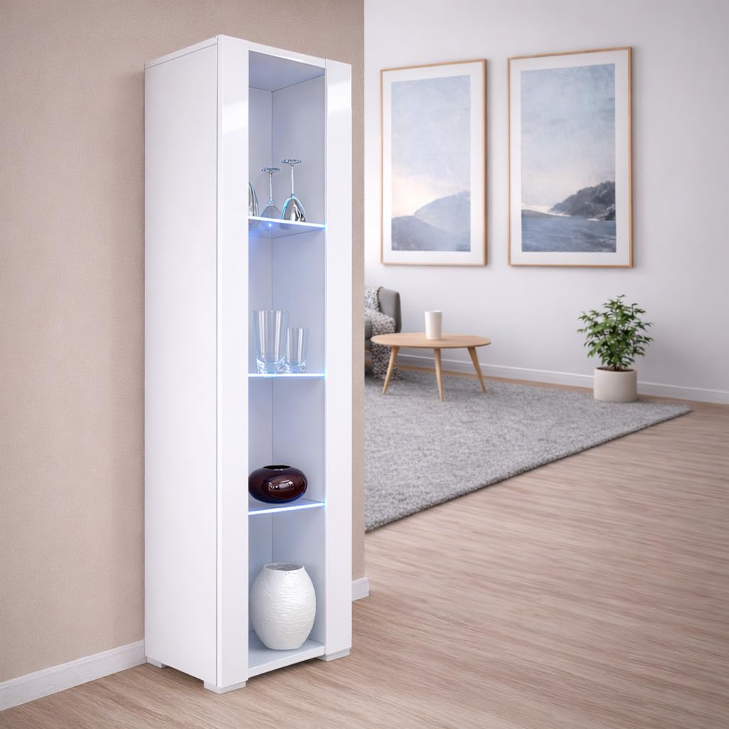 MB Muebles Bonitos Vitrina de Salón Moderna Tipo Columna con Iluminación LED Azul, Estantería Estrecha de 4 Compartimentos, Acabado Blanco Brillo, 172x40x29 cm, Modelo Nora V5