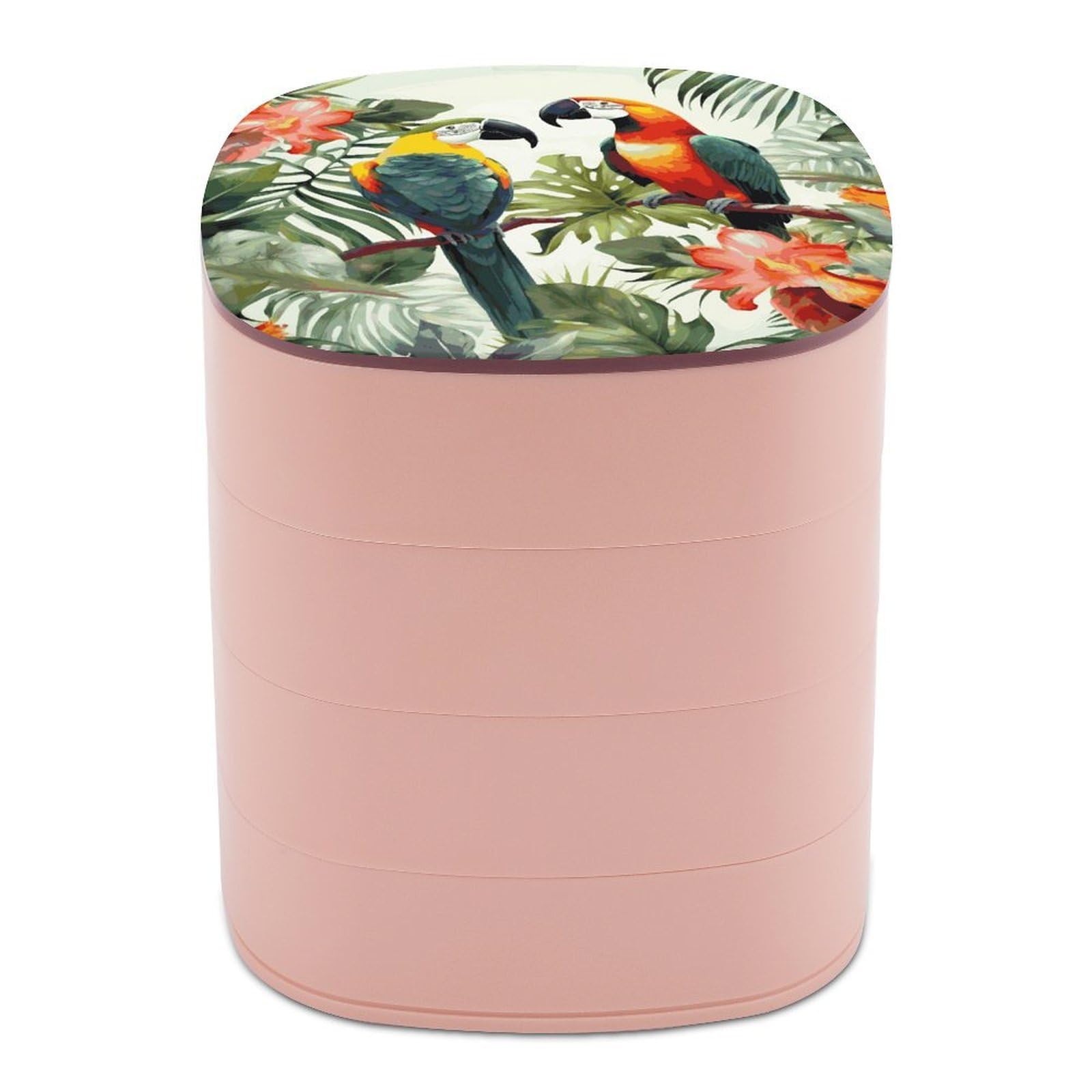 JTREHY Toucans Parrot Palm Tree Leaves Jewelry Box 4-Layer Covered Rotating Jewelry Storage Box Large Capacity Storage Boxes Portable Jewelry Case for Bracelets Earrings Necklace