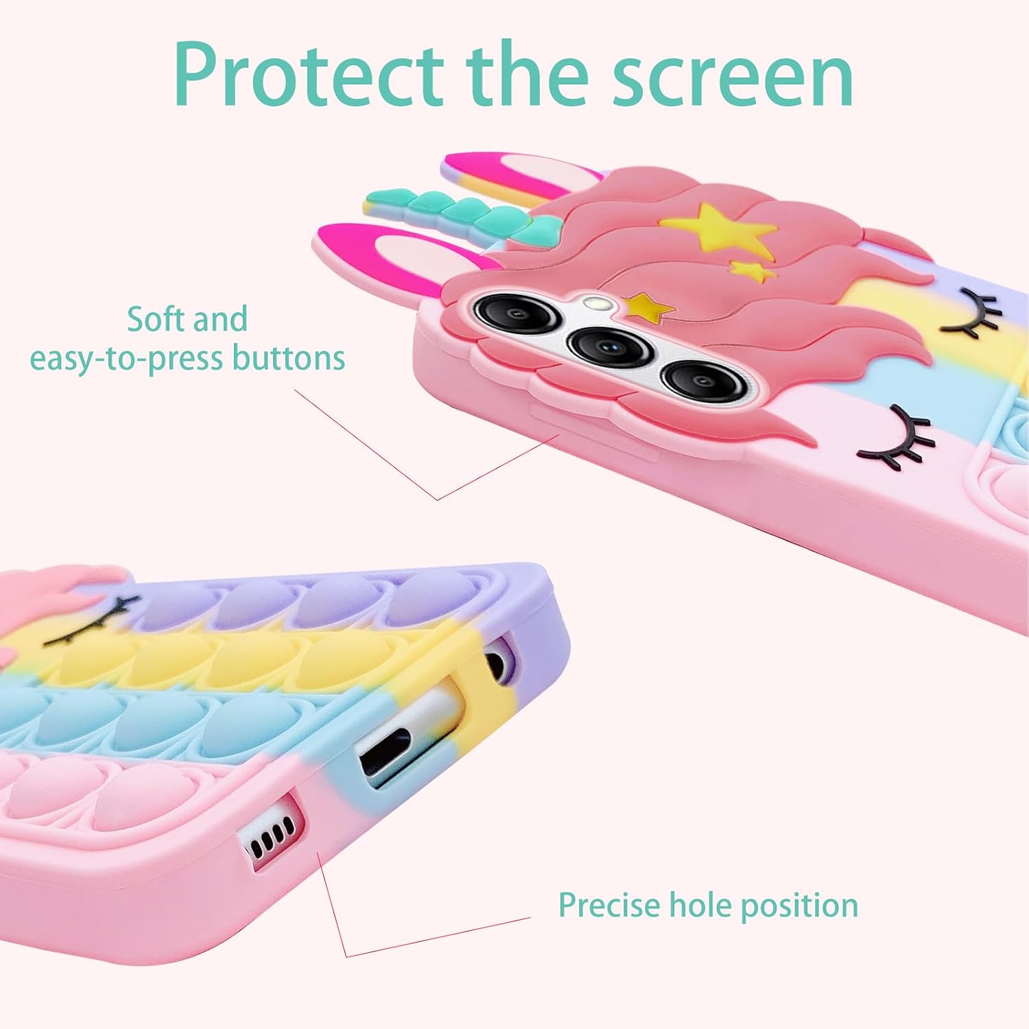 nancheng Fidget Pop Bubble Case for Samsung Galaxy A14 5G, Soft Silicone Shockproof Protective Cover, Anti-Scratch Non-Slip Rainbow Silicone Case with Lanyard, Drop Resistant Slim Lightweight Cover