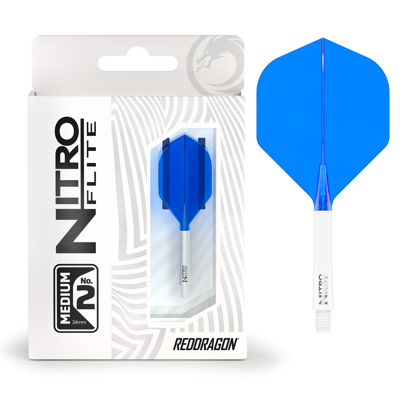 RED DRAGON Darts – Nitro Flite Integrated Flight & Shaft System – No.2 Shape and Design – White & Blue Colour, Medium Length — image 1