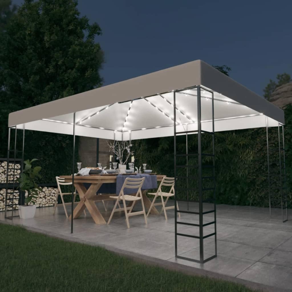 Pavillon mit LED-Lichterkette, 4x3x2,7 m, Weiß, wasserfestes Dach, pulverbeschichteter Stahl, Solarenergie, Garten Party Hochzeit Outdoor Canopy Gazebo