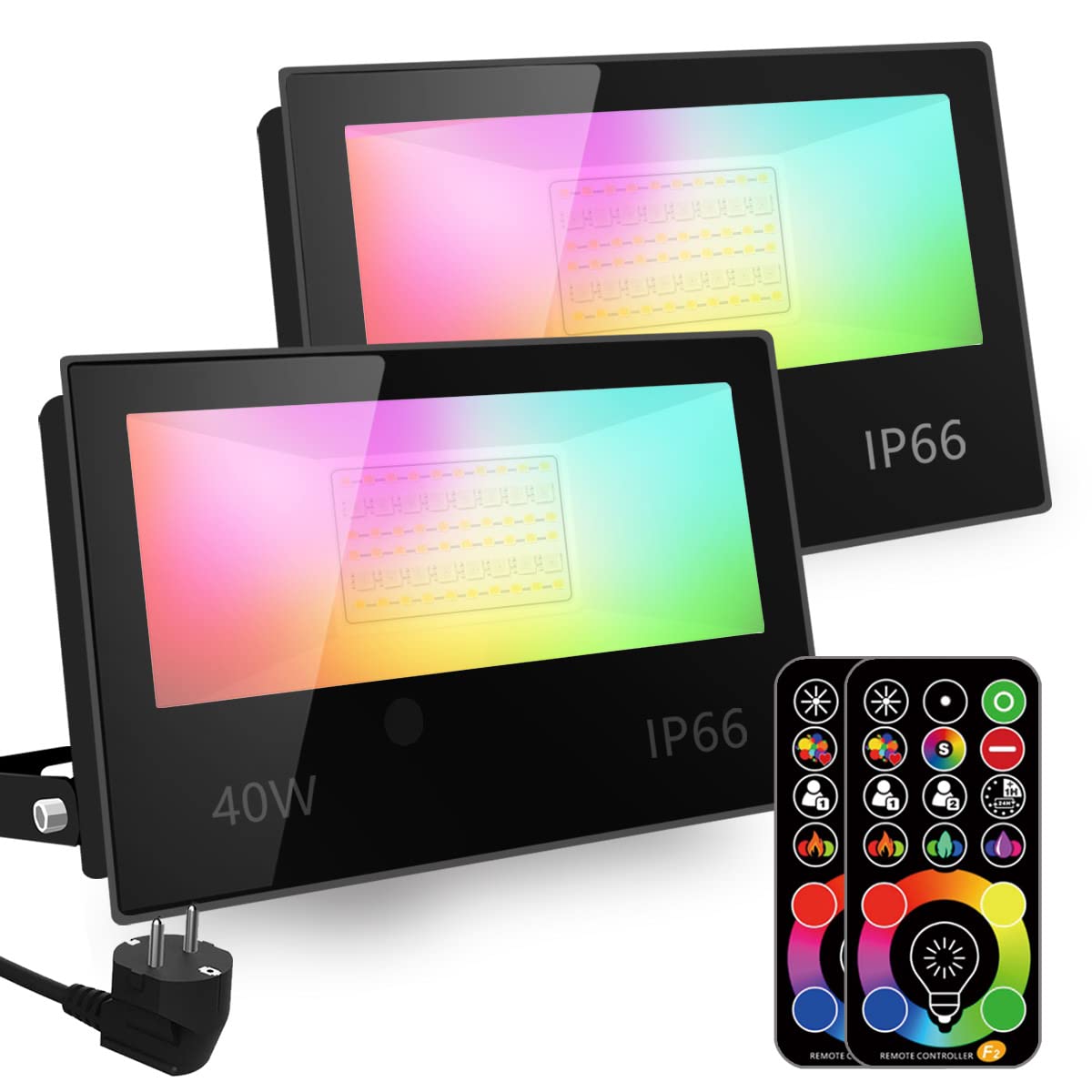 RGB LED Strahler, RGBW-Farbwechsel entspricht 400 W, DIY-Strobe-Modus, 120 Farben, Timer, RGB, 2700K, Warmweiß, Wasserschutzart IP66 - x 2