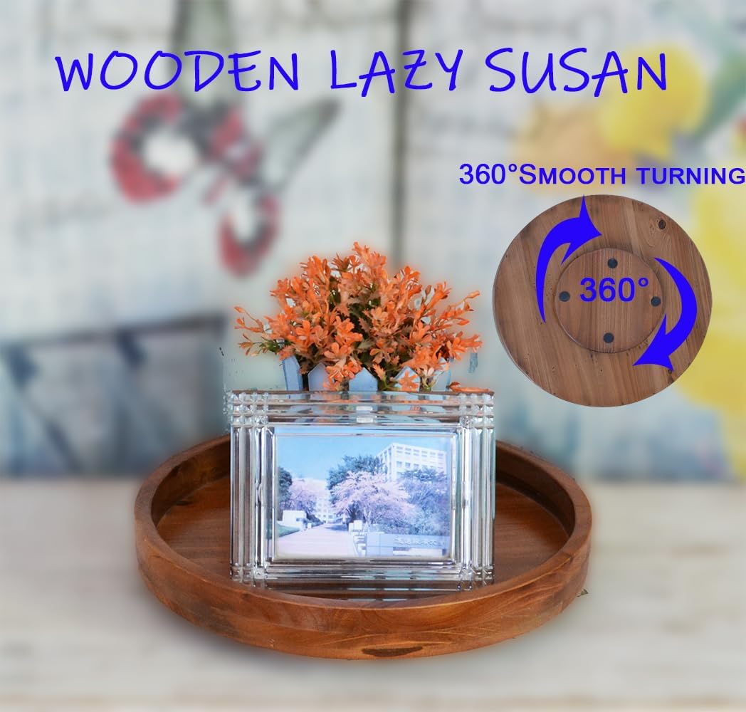 13.38 Inch Round Wood Lazy Susan Turntable Tray, Classic Style, Durable and Organizer for Cabinet Pantry Coffee Table Tray Brown
