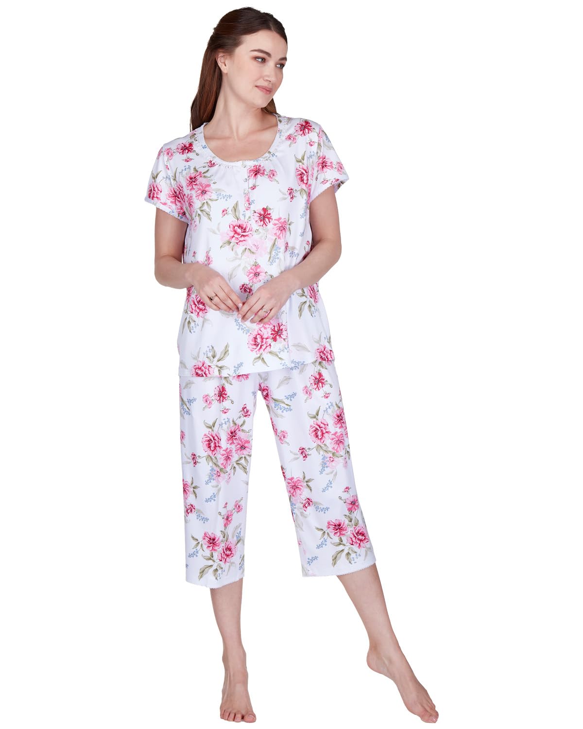Slumber Hut Women's Ivory 'Pink Rose' Short Sleeve Cropped Pyjamas 45312 M-L