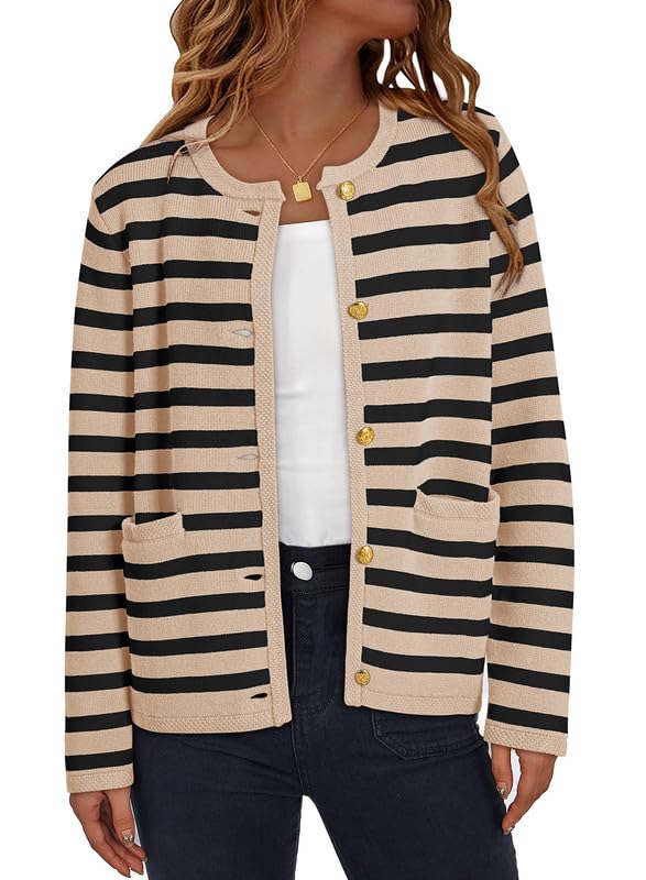 Dokotoo Women's 2025 Fashion Casual Crew Neck Open Front Long Sleeve Chunky Knit Striped Cardigans Sweaters Outerwear Coats