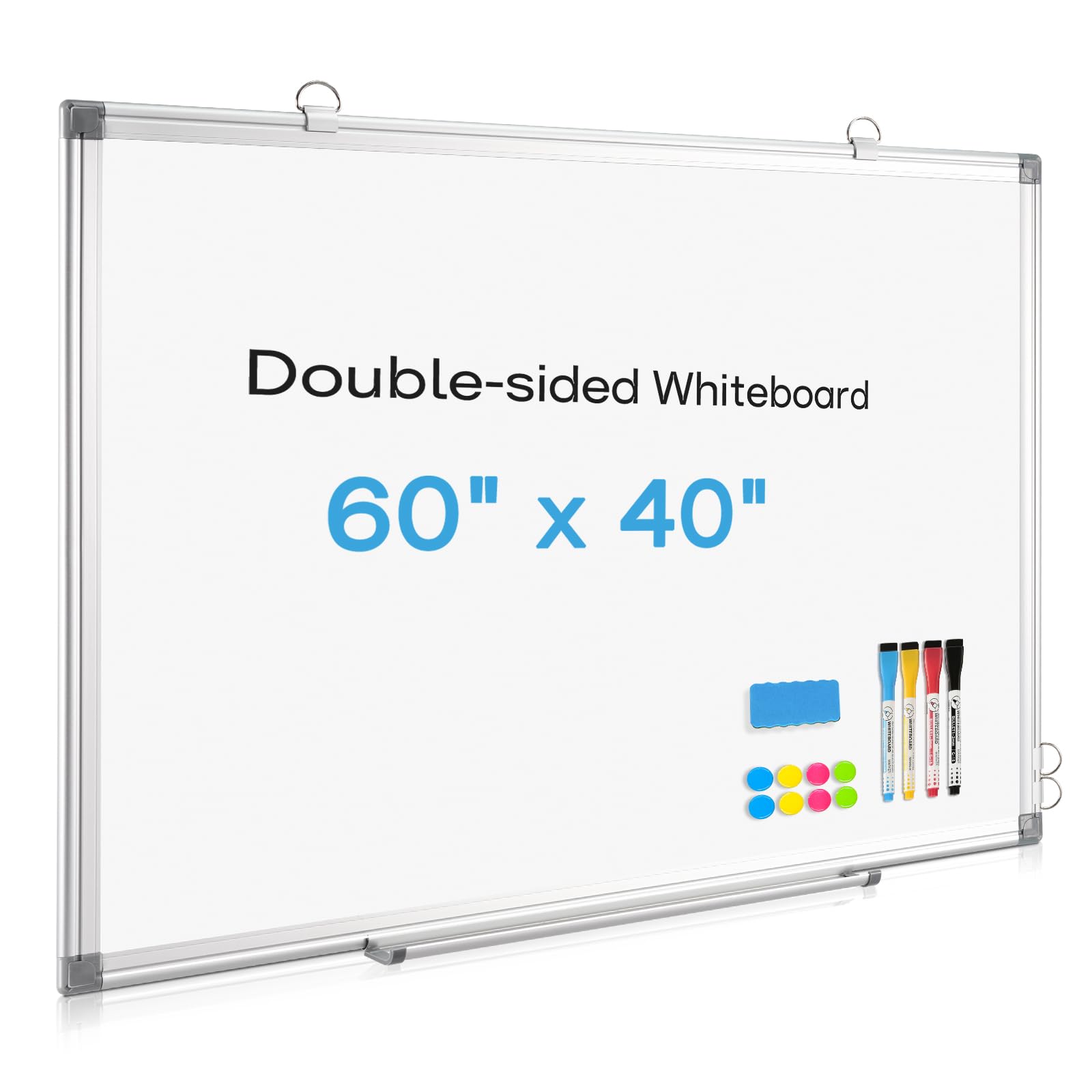 Large Whiteboard Dry Erase Board for Wall, 60" x 40" Double-Sided Magnetic Whiteboard with Long Pen Tray, Wall-Mounted White Board for Home, School,