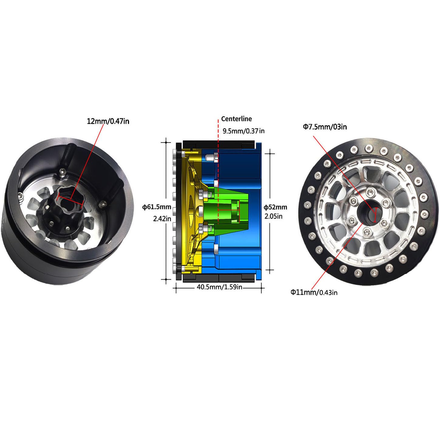 Que-T 4pcs 2.2" Beadlock Wheel Rims For 1/10 RC Crawlers - Fits Axial SCX10, TRX4, D90 (Yellow & Black) - View #8