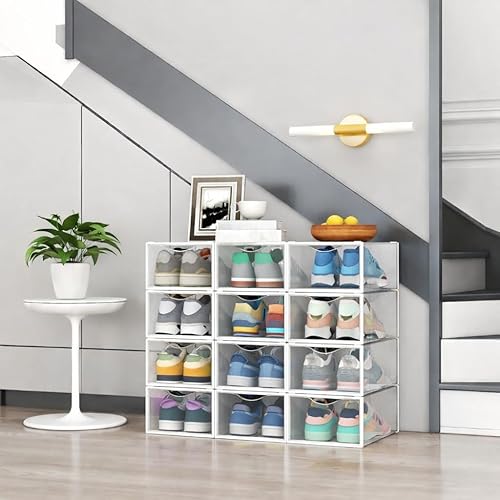 Miniatura 6 de Paquete de 12 cubos de almacenamiento de zapatos, organizador de zapatos apilable de plástico transparente para armario, zapatero plegable que