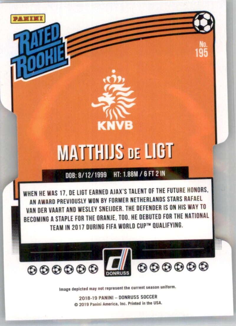 2018-19 Donruss Press Proof Die-Cuts #195 Matthijs de Ligt SER/100 Netherlands Rated Rookie Official Soccer Card in Raw (NM or Better) Condition