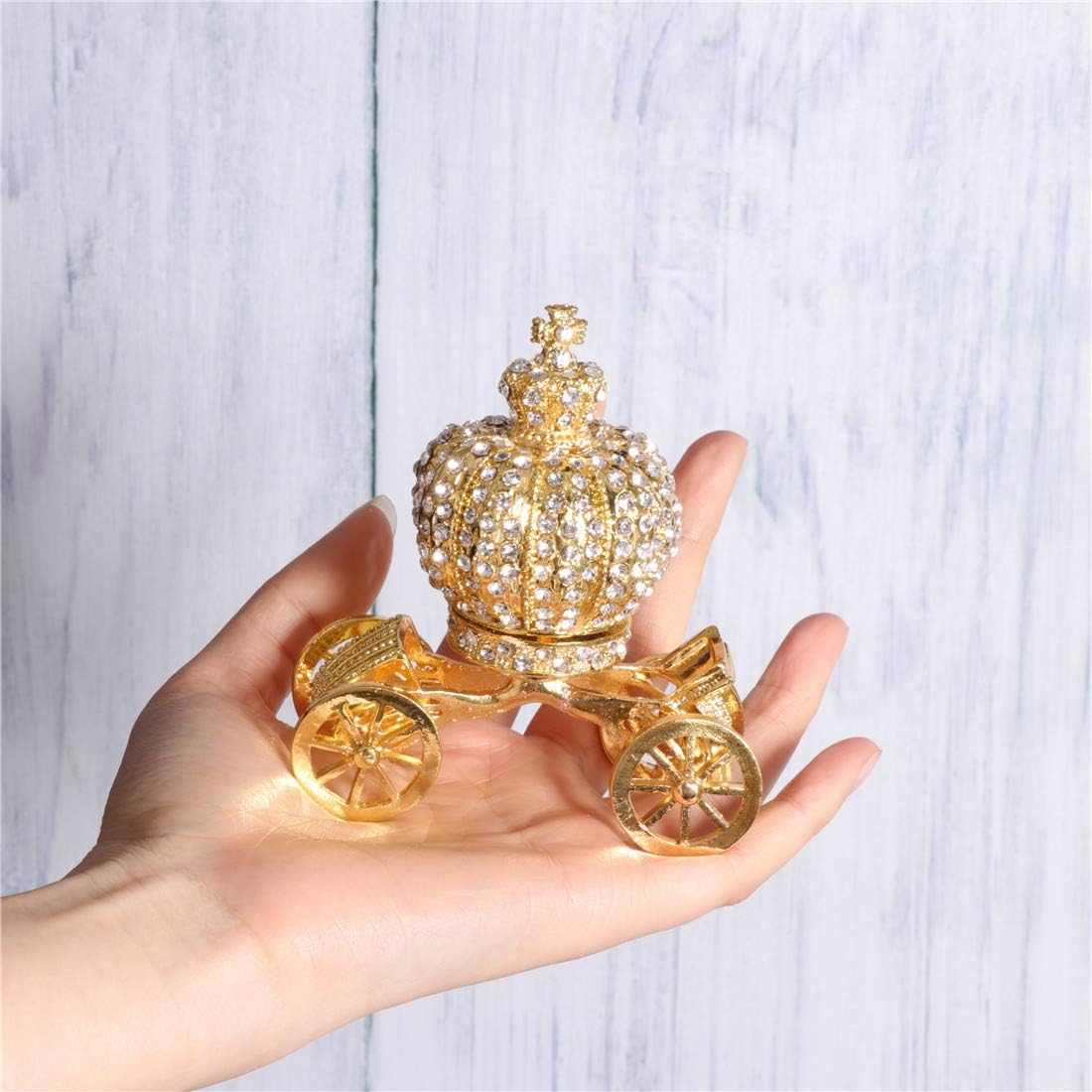 Waltz&F Golden Diamond Pumpkin Carriage Metal Ring Jewelry Holder Hinged Trinket Box Table Centerpiece Decor
