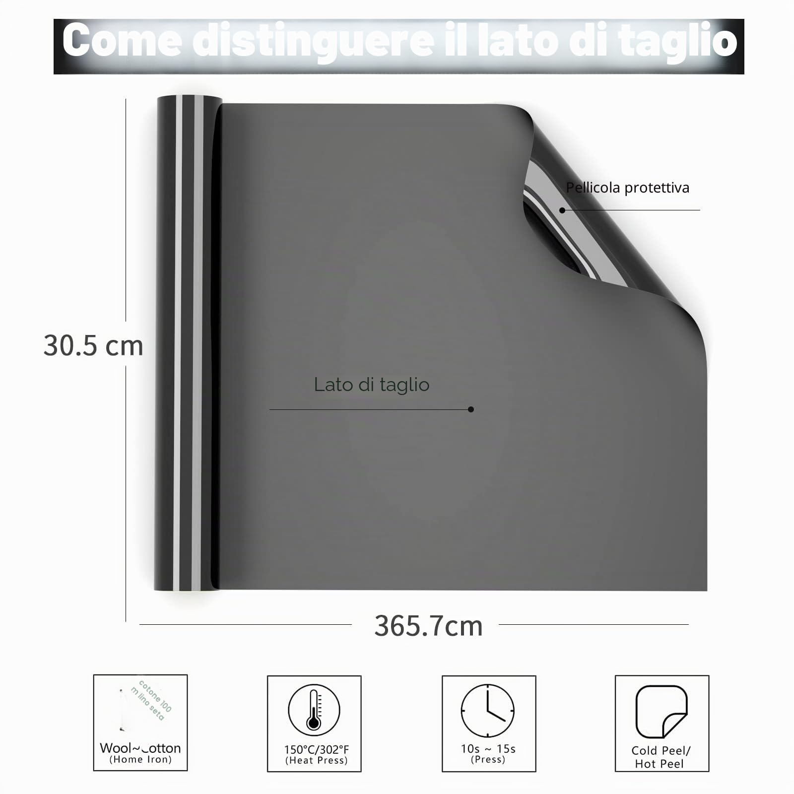 Vinile Termoadesivo per Tessuti, 30.5 x 365.7cm Vinile Termoadesivo Nero Termovinile per Tessuti, HTV Vinil Termico per T-shirt, Altri Tessu-ti, Facile Da Tagliare (Nero)