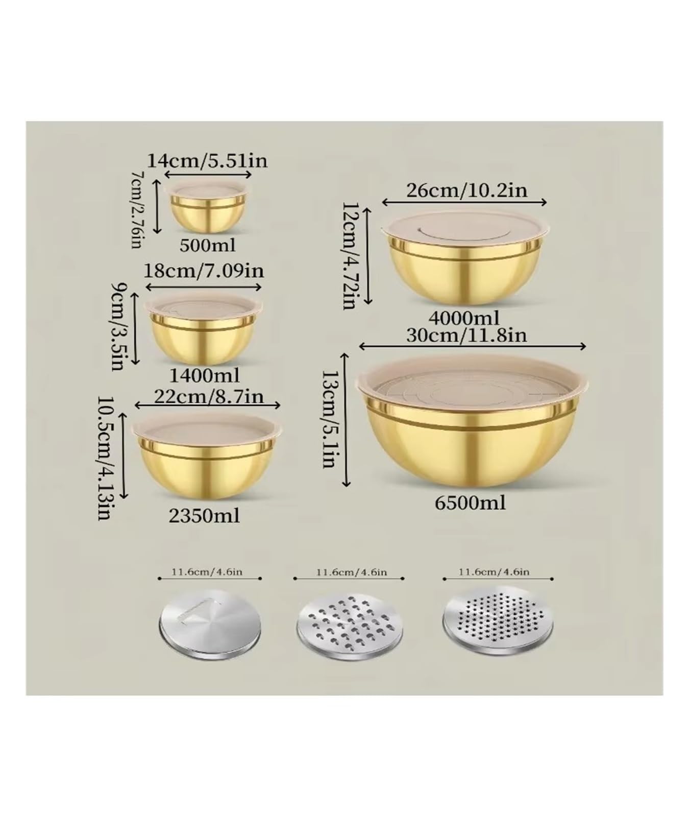 Générique Ensemble de 10 bols à mélanger en acier inoxydable doré avec couvercle et taille-crayon - parfait for la pâtisserie, cuisine, salade | nettoyage du lave-vaisselle
