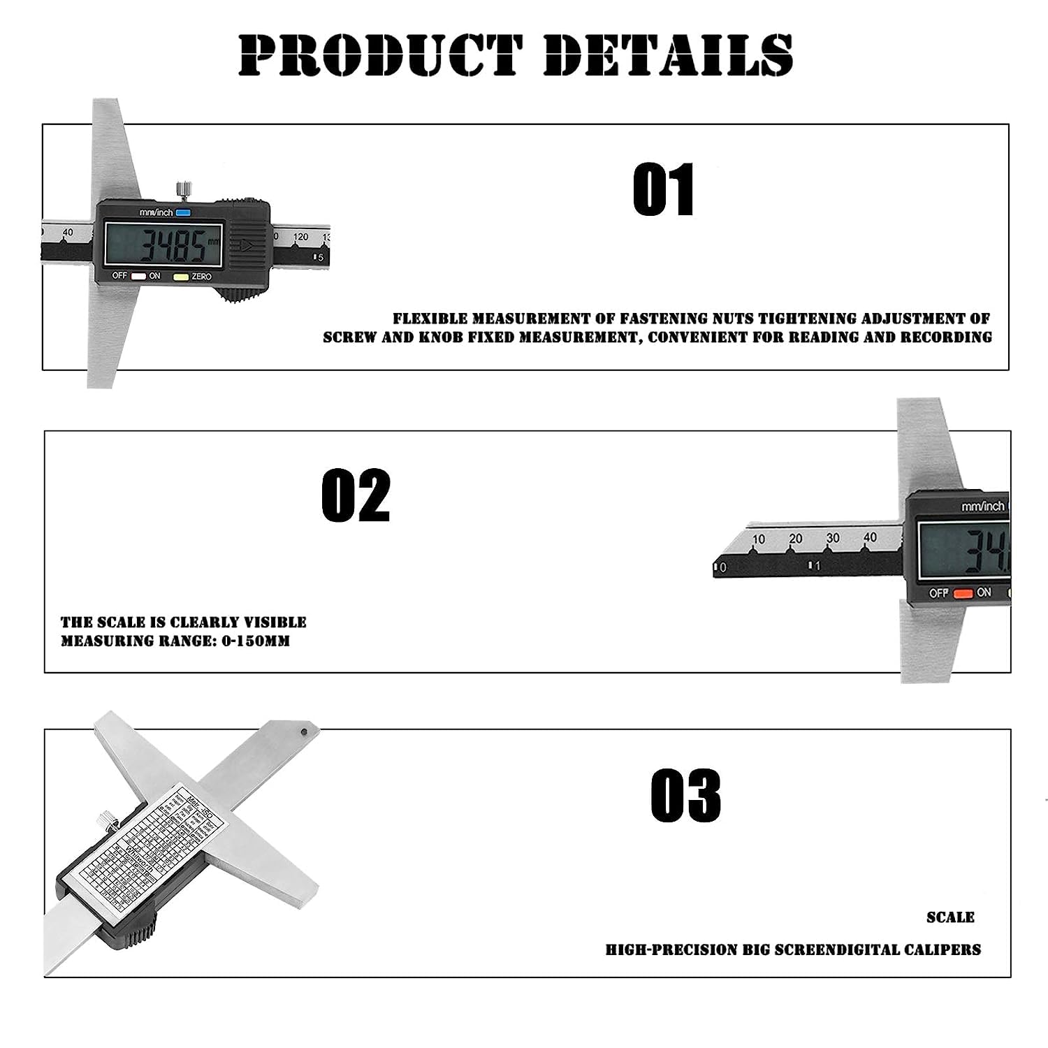 Tyenaza Calibre de Profundidad, Pie de Rey Profundidad, Medidor de Profundidad Vernier Herramienta de Medición 0-150mm 0.01mm con Pantalla LCD Grande para el Hogar, Bricolaje y uso Profesional