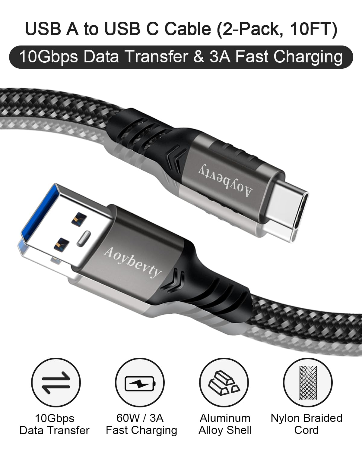 Cable USB a USB C [2 unidades de 10 pies], transferencia de datos de 10 Gbps y cable de carga rápida de 60 W 3 A, cable USB C 3.1/3.2 para Samsung Galaxy S21/S20/S10/S8/Note 20/9, LG 7/8,