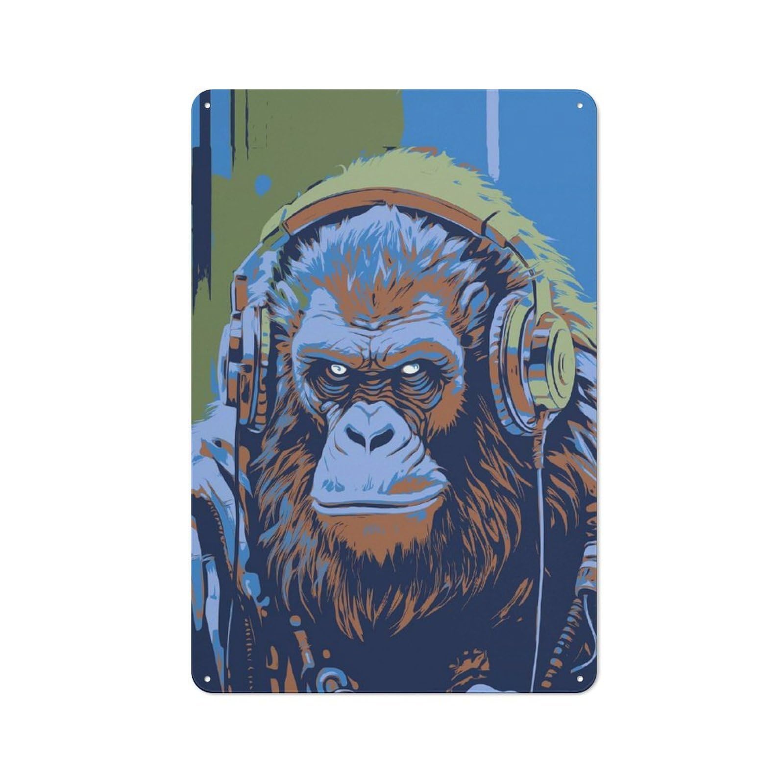 Junmoney Monkey Music Industrial Metal Wall Sign 30X20cm Featuring Urban Room Decor For Loft, Studio, Office Or Creative Room