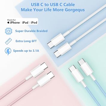 Fast Charging for iPhone 17 16 Pro Max Charger Colorful, 3Pack 20W USB C Fast Charger Block with 3Pack 6ft Long USB C Charging Braided Cable for iPhone 17/Air/16e/16/15 Pro, Airpods Pro, iPad Pro Air