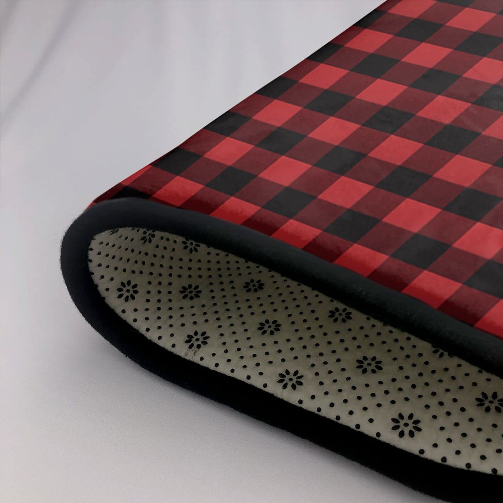 Tapete antideslizante de franela con patrón de cuadros rojos y negros de 63 x 48 pulgadas, tapetes para puerta delantera y trasera para interiores y exteriores