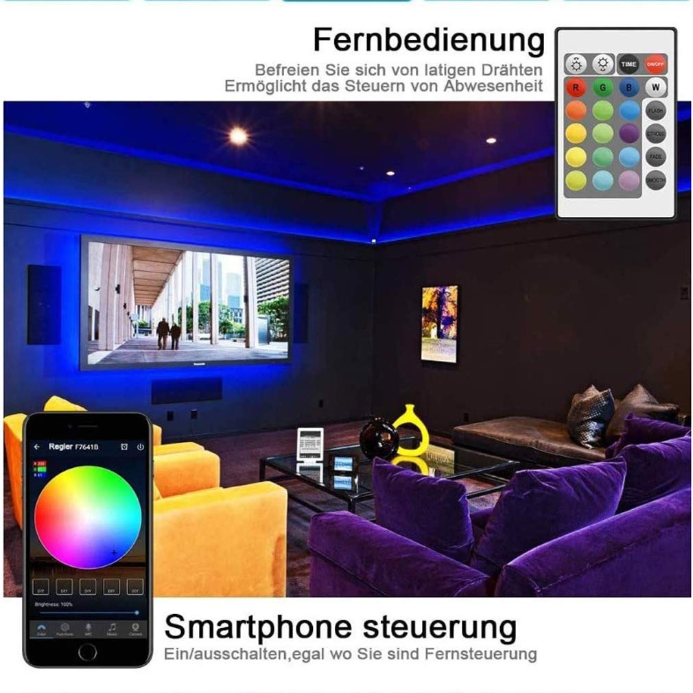 Tira Led RGB 5M, Luces Led Smart 5050 Control App Habitacion con Controlador WiFi Sincronizar Música 24 Teclas Control Remoto RF Luz De Ambiente para El Hogar Dormitorio Habitación TV Fiesta,20M