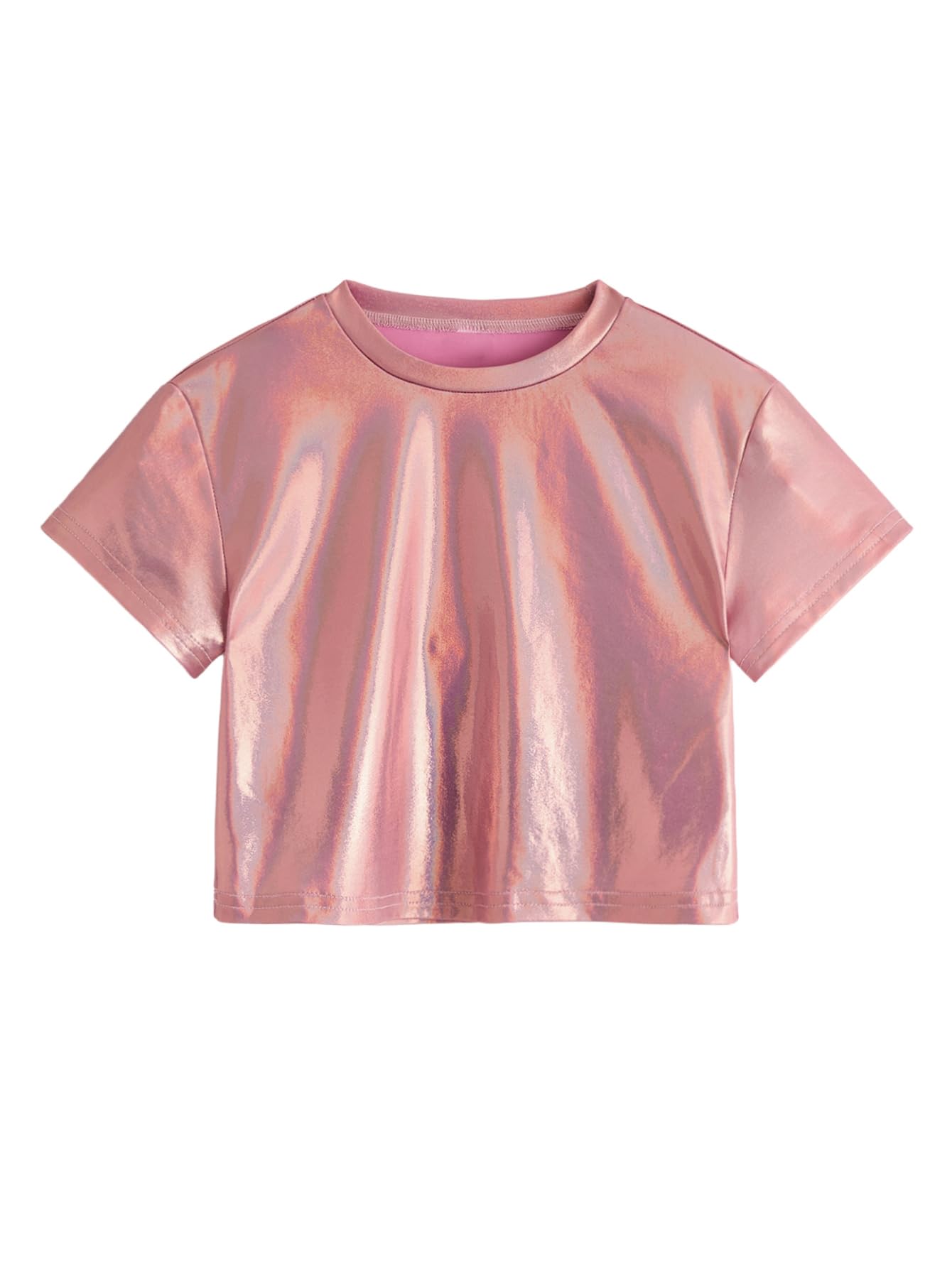 Verdusa Girl's Metallic Crop Tee Top Short Sleeve Round Neck Neon Shirts Party Costume Concert Outfits