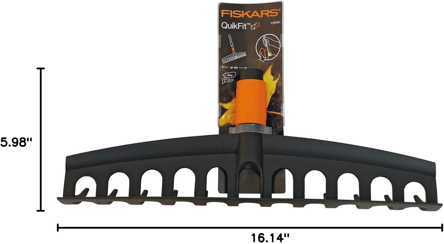 Fiskars Rake with 12 Prongs, Tool Head, Width: 41 cm, Glass Fibre Reinforced Plastic Prongs, Black/Orange, QuikFit, 1000643