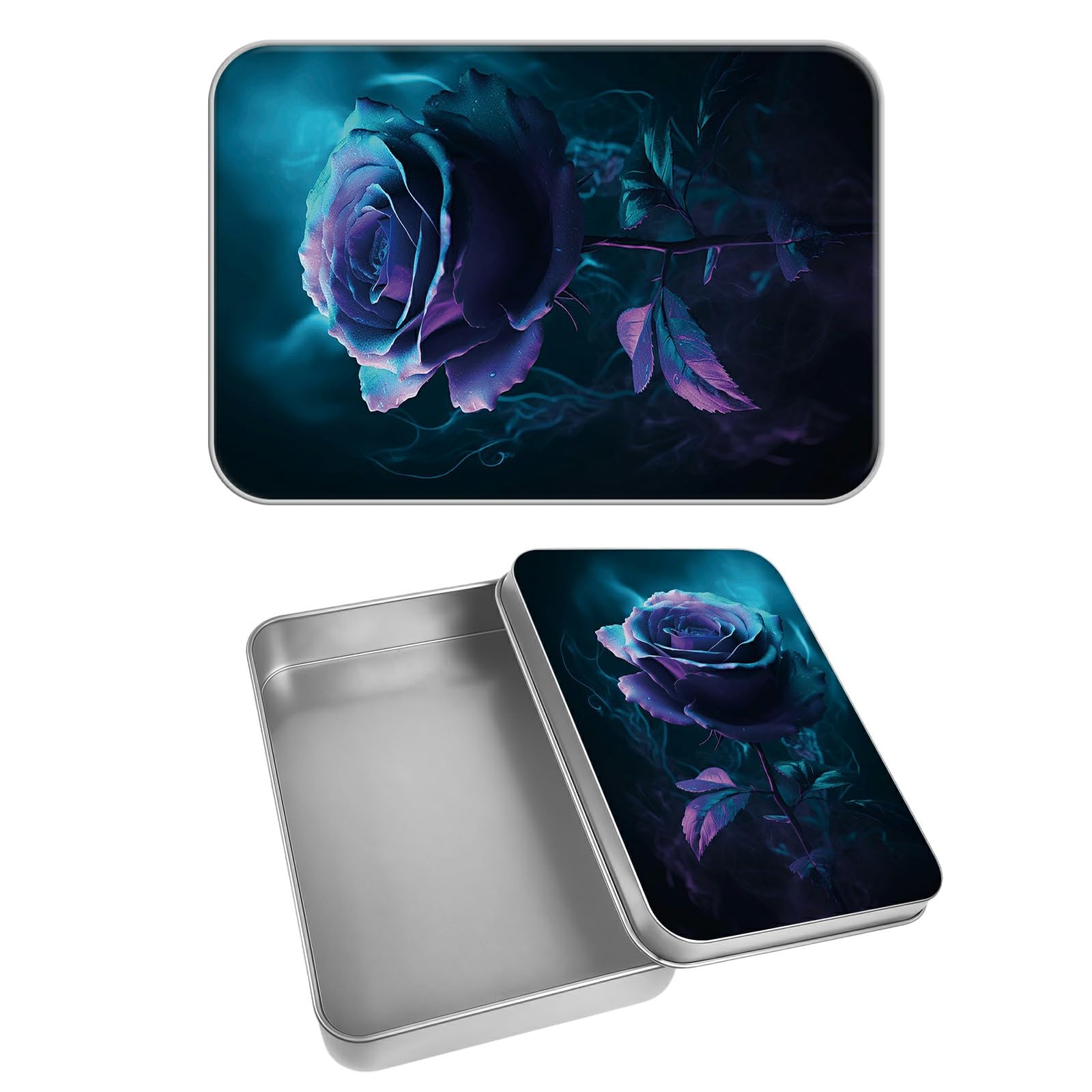 Rectangular Metal Tin Box with Removable Lid, Blue Purple Rose Decorative Printed Metal Storage Container for Cash Ticket Credit Card Check 3.46 x 2.36 x 0.7 inch– Single Pack