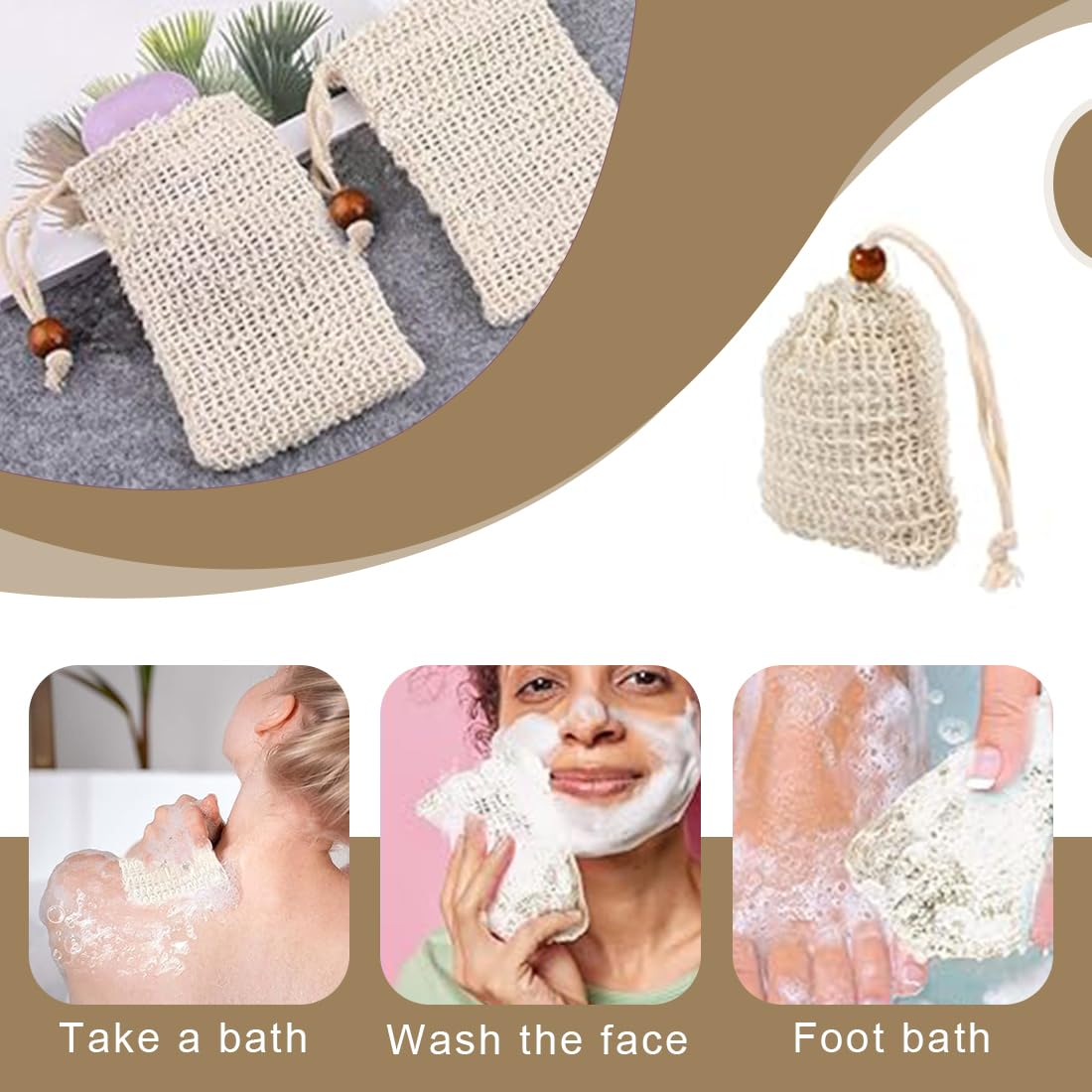 Bolsa De Jabón Orgánica De 3 Piezas De Sisal Natural Exfoliante