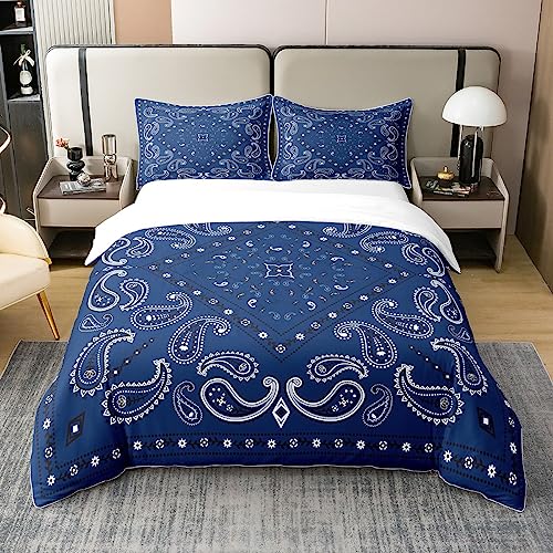 Mandala 100% Cotton Duvet Cover King Tie Dye Spiral Bedding Set Paisley Bohemian Quilt Cover Boho Chic Floral Navy Blue Breathable Decor Comforter Cover 1 Duvet Cover with 2 Pillow Cases