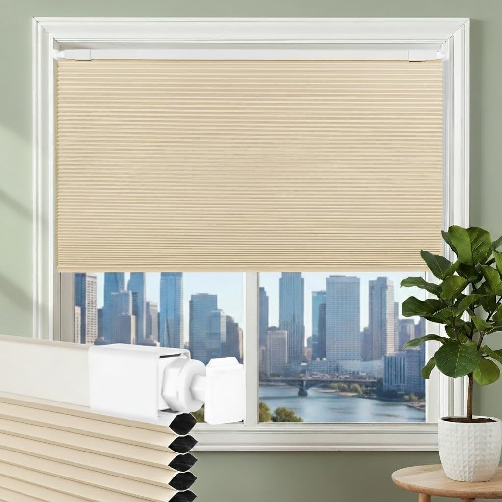 Shade&Beyond No Drill No Tools Blackout Cellular Shades Cordless Easy Install Honeycomb Blinds Thermal Insulated Noise Reduction Blinds for Indoor Windows,Customize Size,Beige