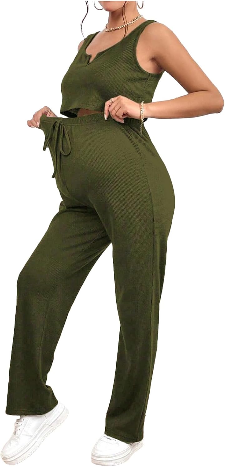 Maternity Outfits Wide Leg Pants Set Ribbed Knit Matching Outfit Pregnancy Yoga Clothes for Beach