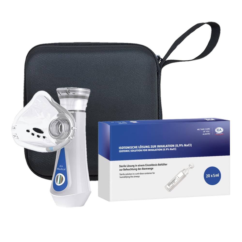 IEA Medical Inhalator Set mit Hardcase+ Kochsalzlösung 0,9% NaCl (20×5 ml) – tragbarer Vernebler/Inhalationsgerät, Mikrovernebelung feiner Nebel, USB-C aufladbar, sterile isotonische Inhalationslösung