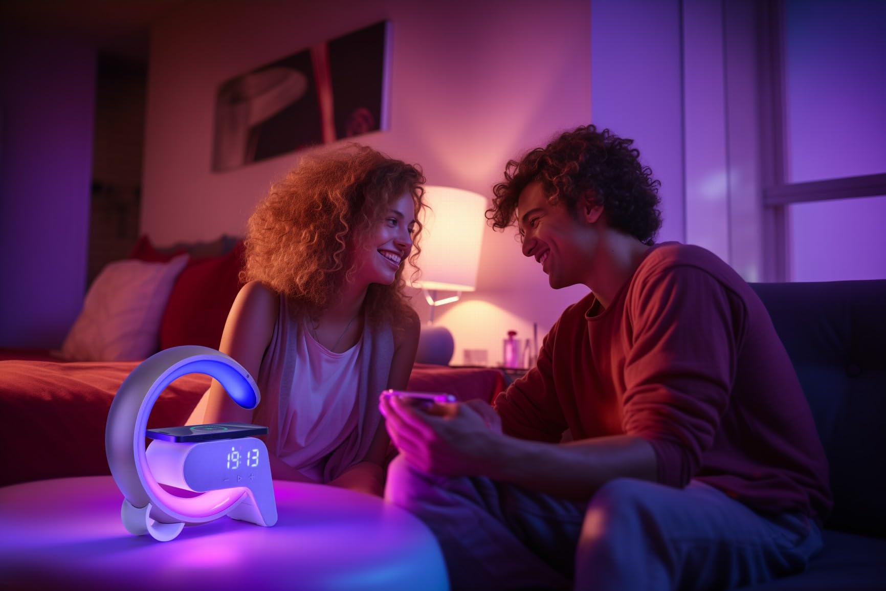 IMMAX Lampa relaksacyjna LED FLAMINGO z ładowaniem QI, budzik, RGB, wyjście USB, srebrna