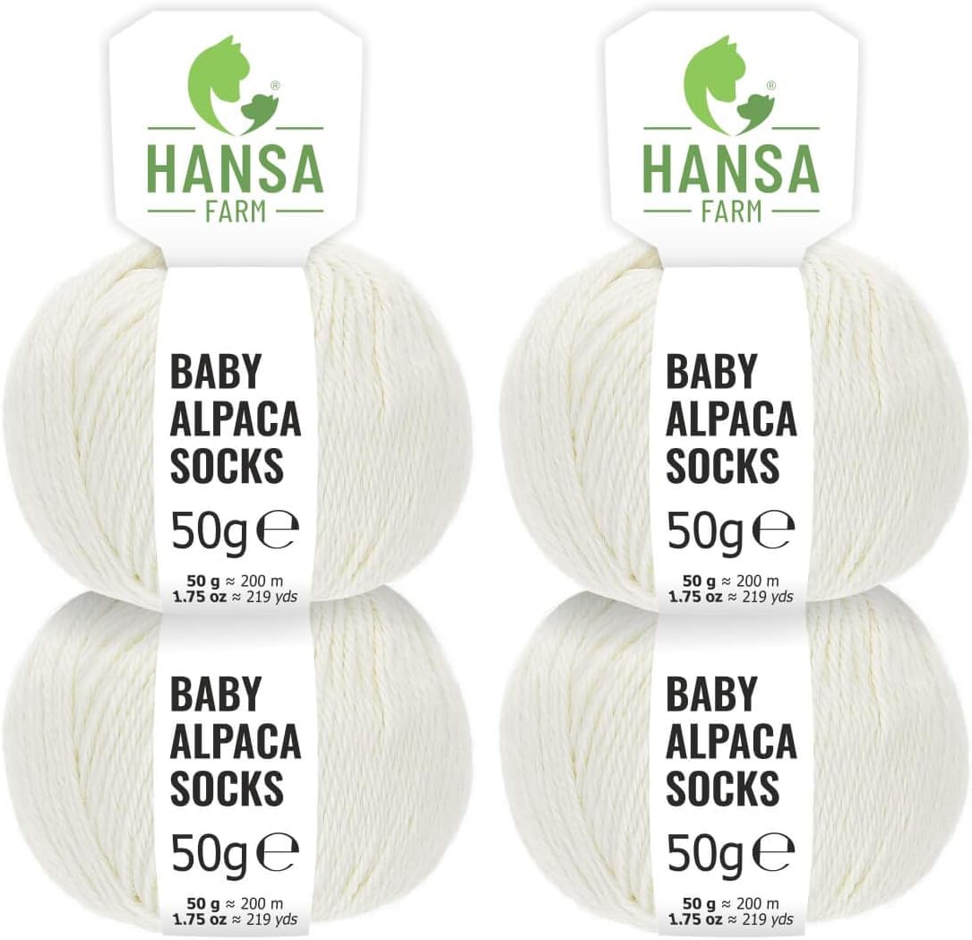 HANSA-FARM Baby alpaca wool in 50+ colours (scratch-free) - 200g set (4 x 50g) - soft baby alpaca sock yarn for knitting & crocheting in 6 yarn sizes Natural White