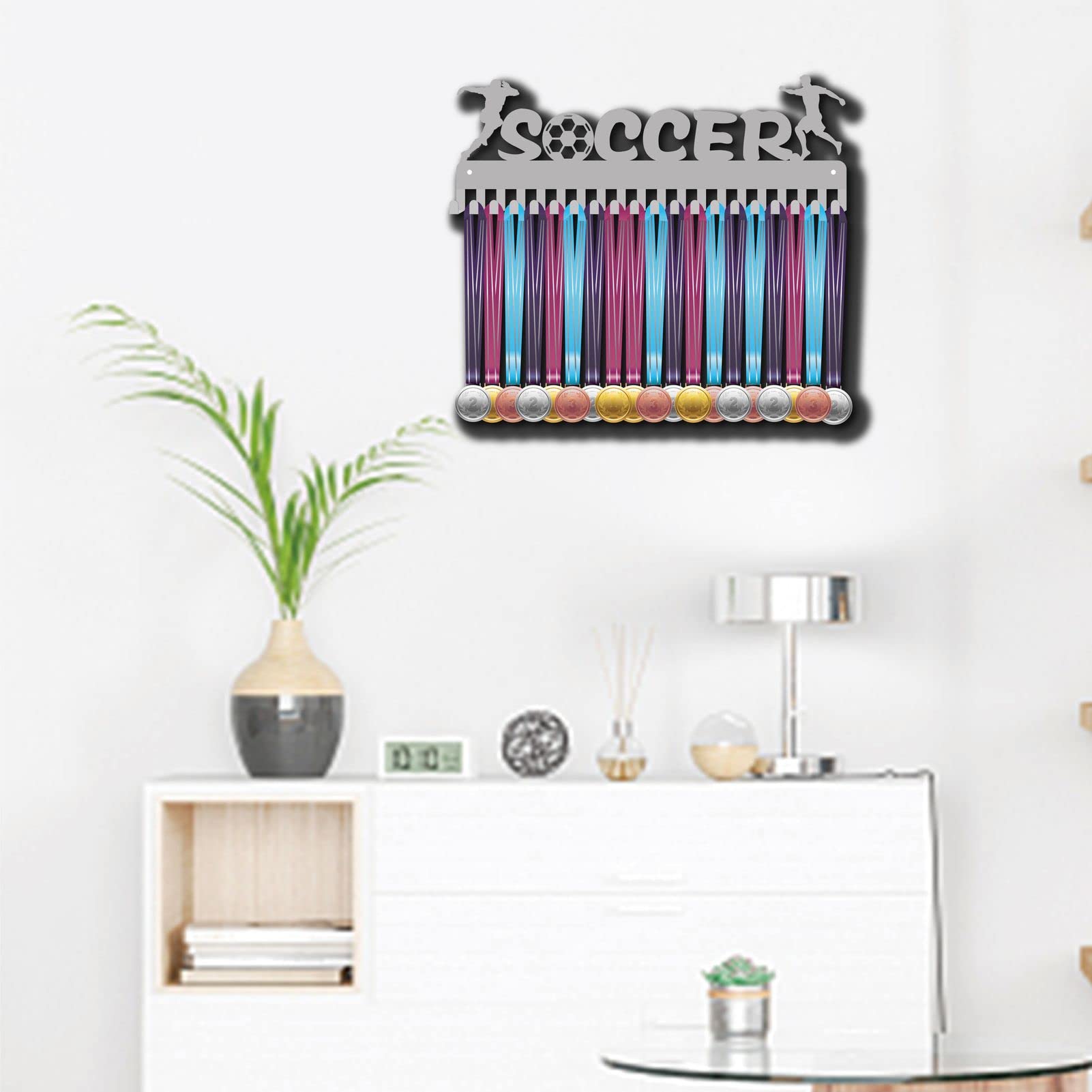 Porta Medaglie Da Parete Calcio - Espositore In Metallo Con 12 Ganci, Design Atleta - Foto 4