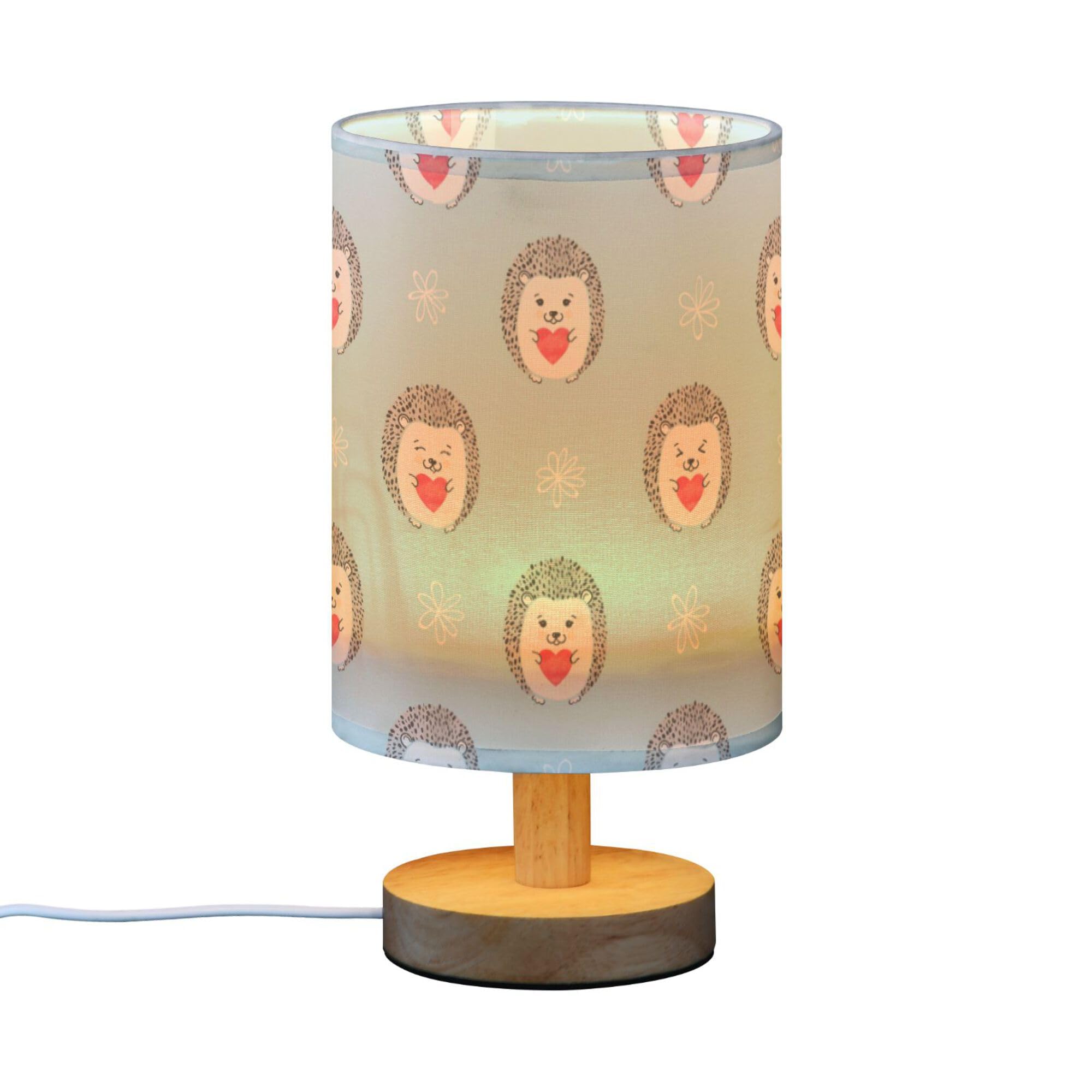 YYZZH Table Lamp Hedgehog Baby Hold Red Heart Flower Valentines Day on Blue Nightstand Lamp with Wood Base Fabric Lamp Shade Bedside Desk Lamp for Living Room Bedroom Kids Room Office