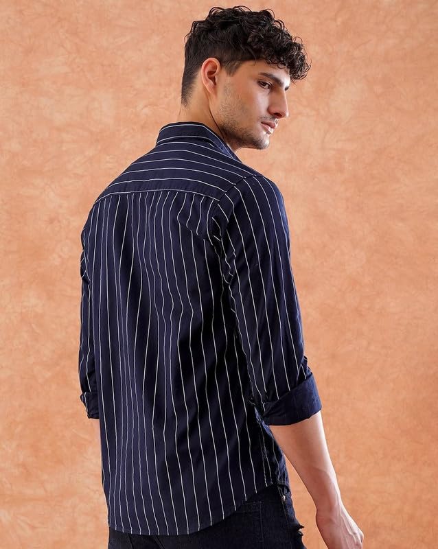 Image of Men's Cotton Casual /Semi Formal Stylish Striped Shirt for Men Navyblue