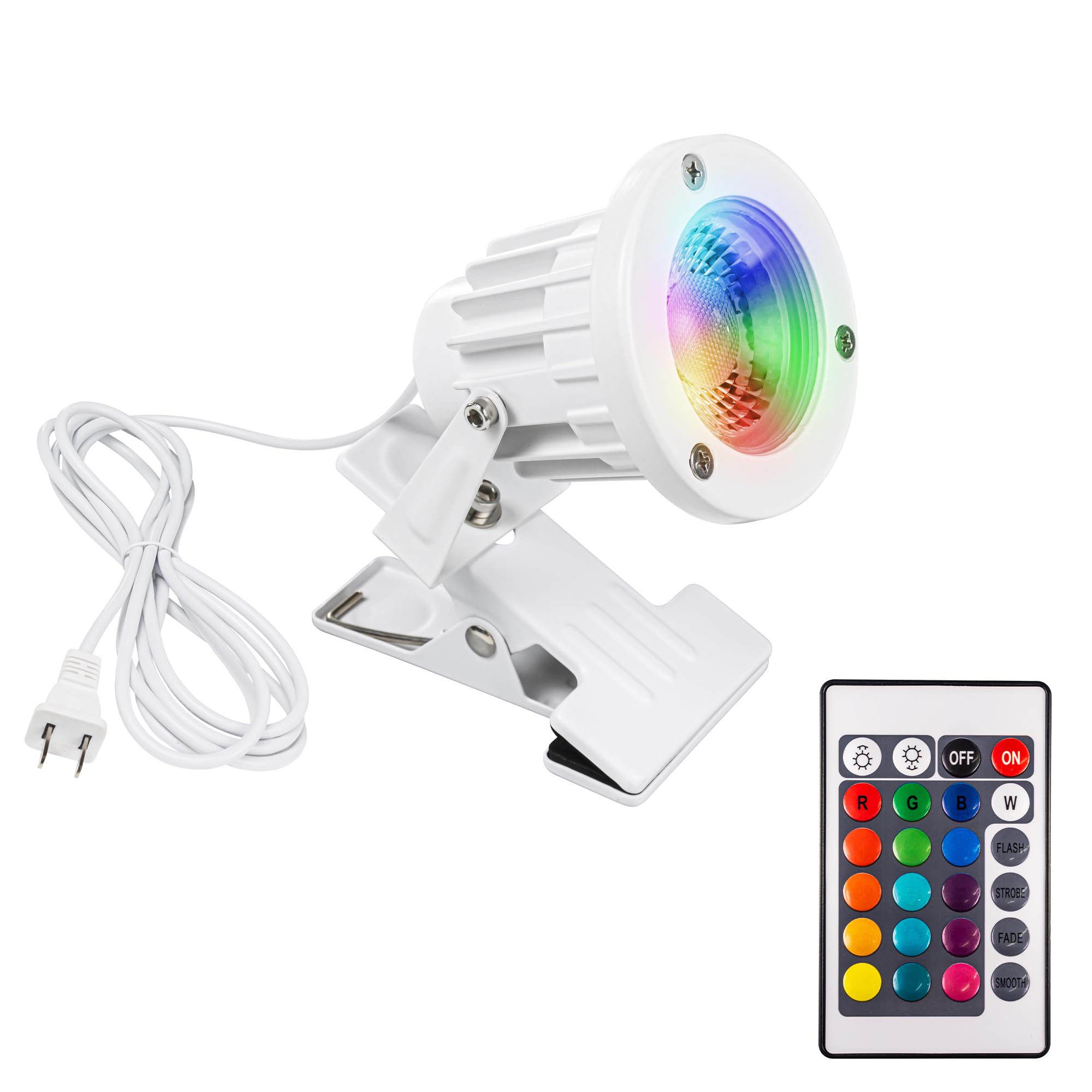 Yequandec White Metal 10W RGB Color Change Spot Light Remote Clip Mount Adjusted Angle Dimmable Waterproof Clamp Accent Lighting 9.8 Feet Plug Cord for Stage Background Rental House