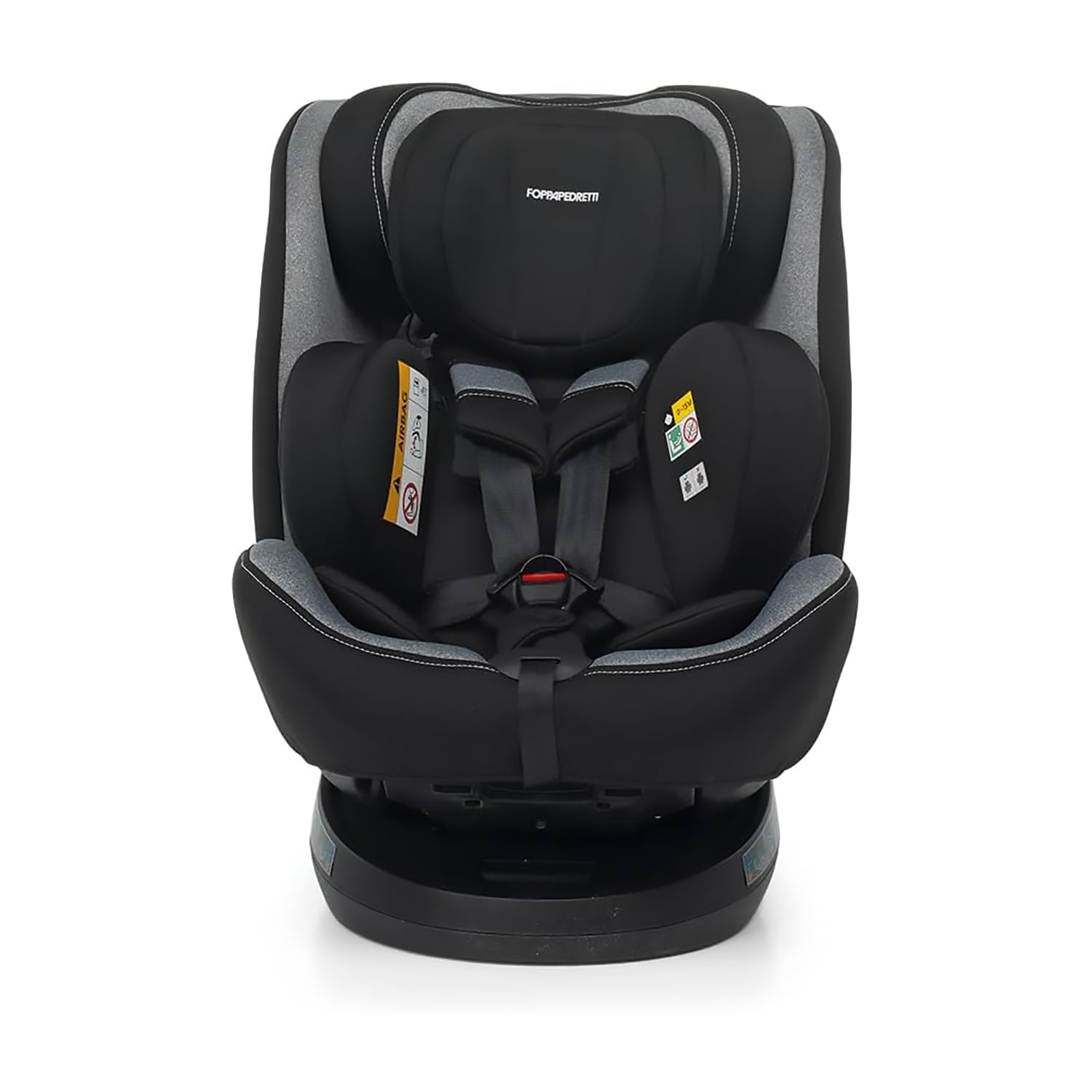 Foppapedretti Seggiolino Auto Circle I-Size, Seduta Girevole a 360°, per bambini da 40 a 150 cm di altezza, 0-12 anni, conforme ECE R129, Fissaggio Isofix e TopTether, Safe Body Protection, Carbon